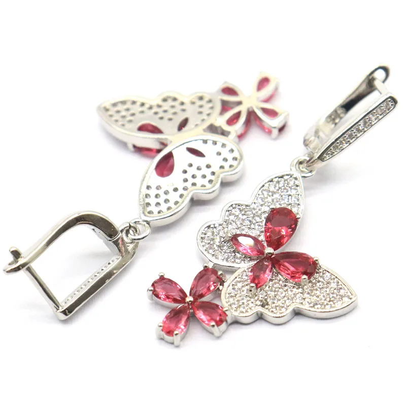 47x21mm Butterfly Shape Pink Raspberry Rhodolite Garnet Green Peridot White CZ Woman's Wedding Silver Earrings view 4