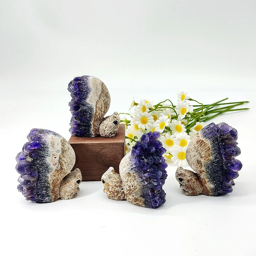 Natural Crystal Rough, Amethyst Cluster, Little Squirrel Desktop Pet Workstation Companion Ornament