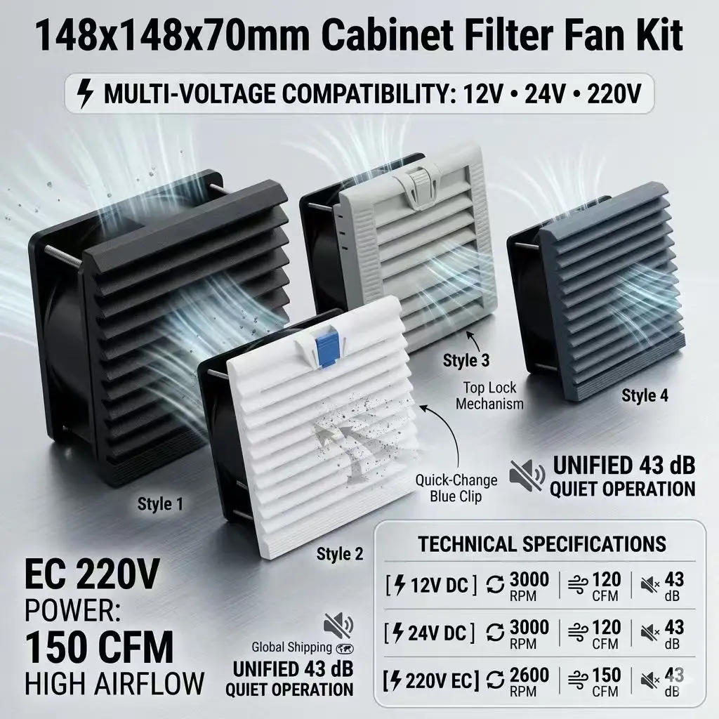 148mm Cabinet Filter Fan Kit DC 12V 24V AC 220V  High Airflow Dustproof Louver Grille for Electrical Case PLC Enclosure Cooler