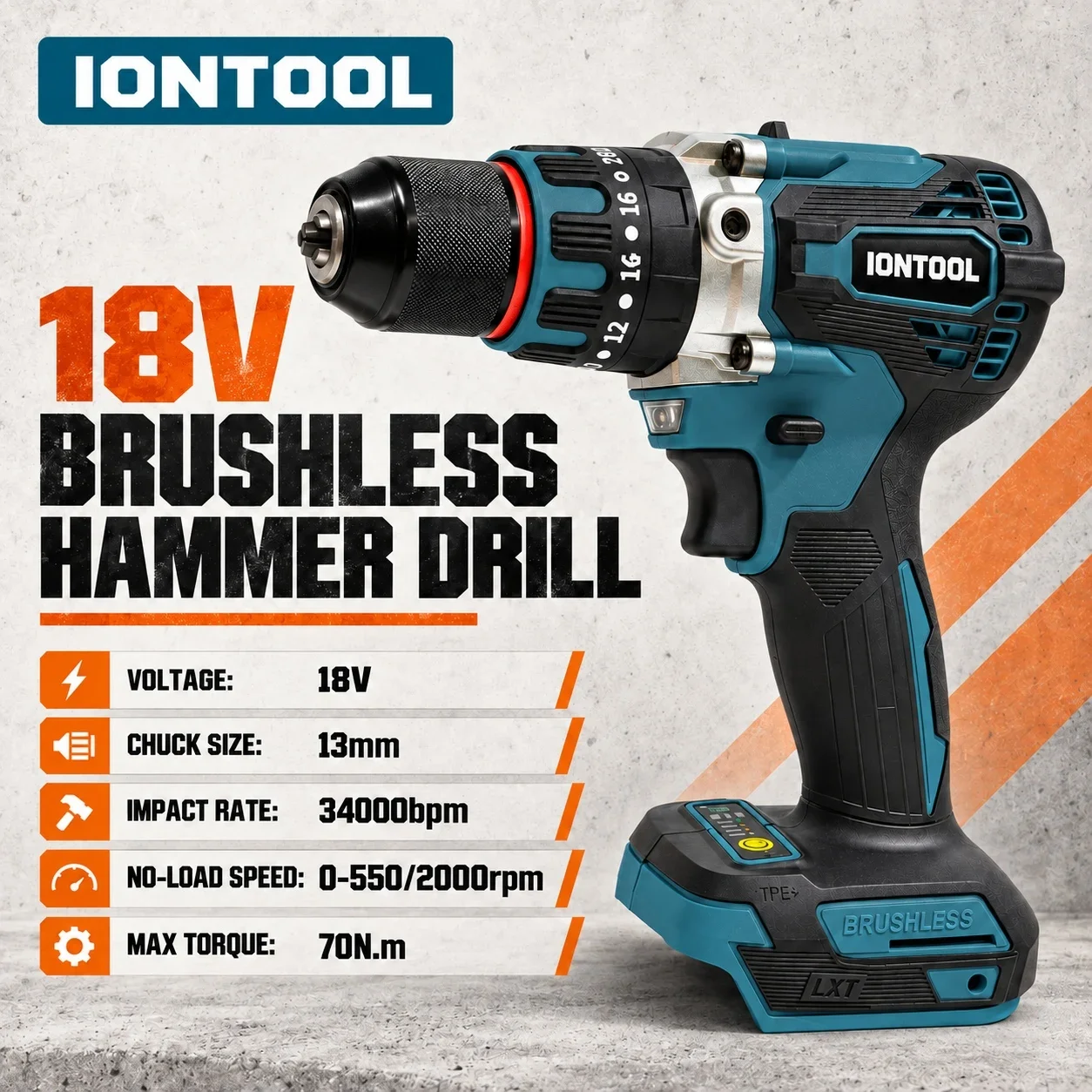 IONTOOL 18V Brushless Cordless Impact Drill 70Nm Torque 13mm Keyless Chuck 2 Speed Driver for Wood Metal Masonry DIY