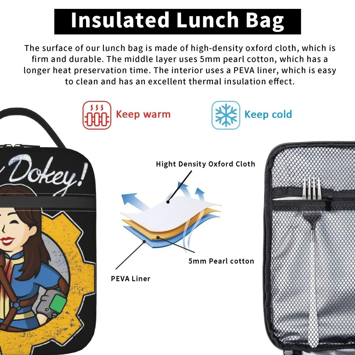 F-Fallouted 소녀 점심 가방 어린이를위한 피크닉 도시락 상자 빈티지 그래픽 디자인 열 토트 핸드백 옥스포드 편리한 쿨러 가방