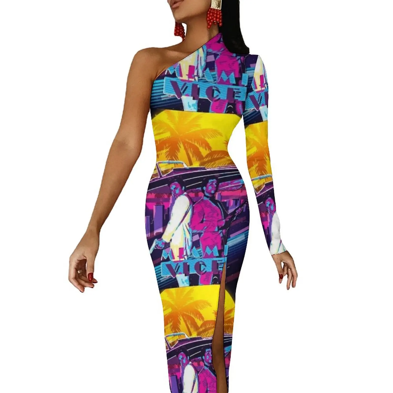 

Sonny and Rico retro art Half Dleeve Split Dress Long veiled dresses prom clothes