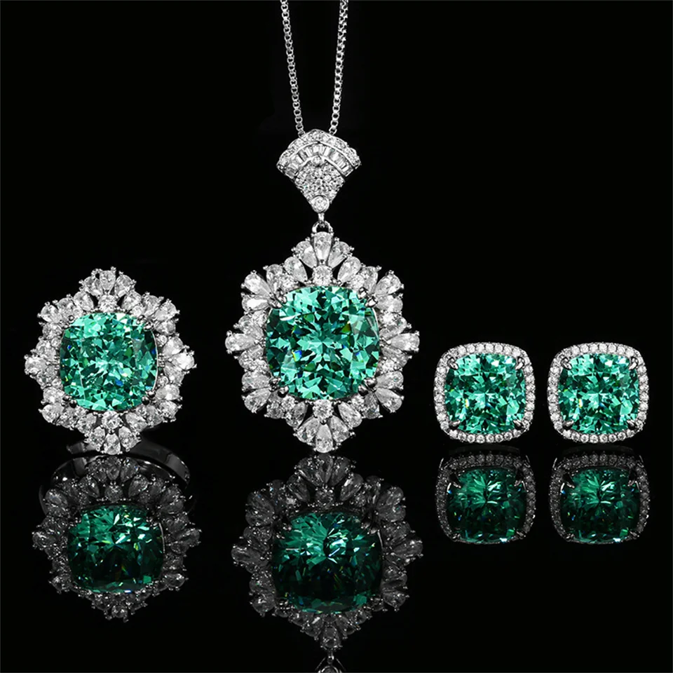 

Para Green Fashion Jewelry Set 14*14-12*12 Emerald Necklace Ring Earrings Set Fashion Diamond-encrusted Stainless Steel Jewelry