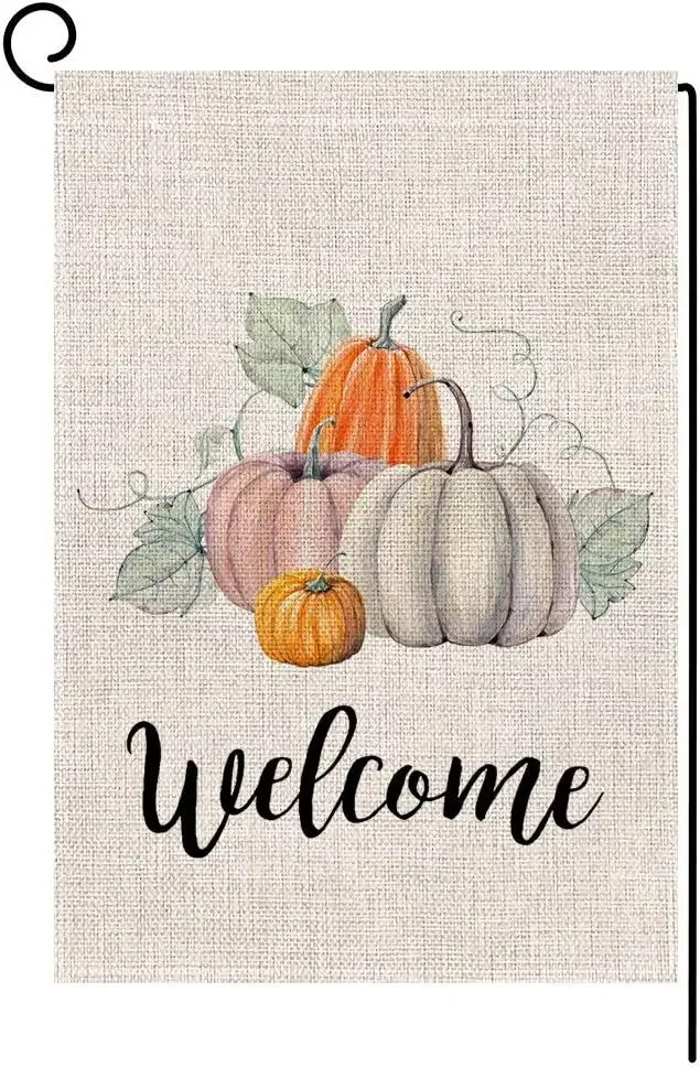 Fall Pumpkin Welcome Small Garden Flag Vertical Double Sided 12 X 18 Inch Autumn Burlap Yard Outdoor Decor