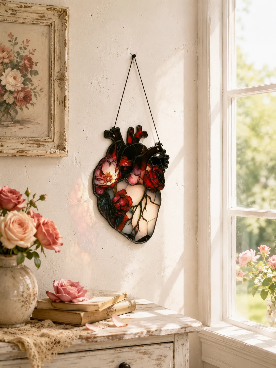 Vintage Gothic Floral Anatomical Heart Suncatcher Acrylic Window Wall Hanging Ornament Red Rose Heart Art Home Wall Decor Gift view 2