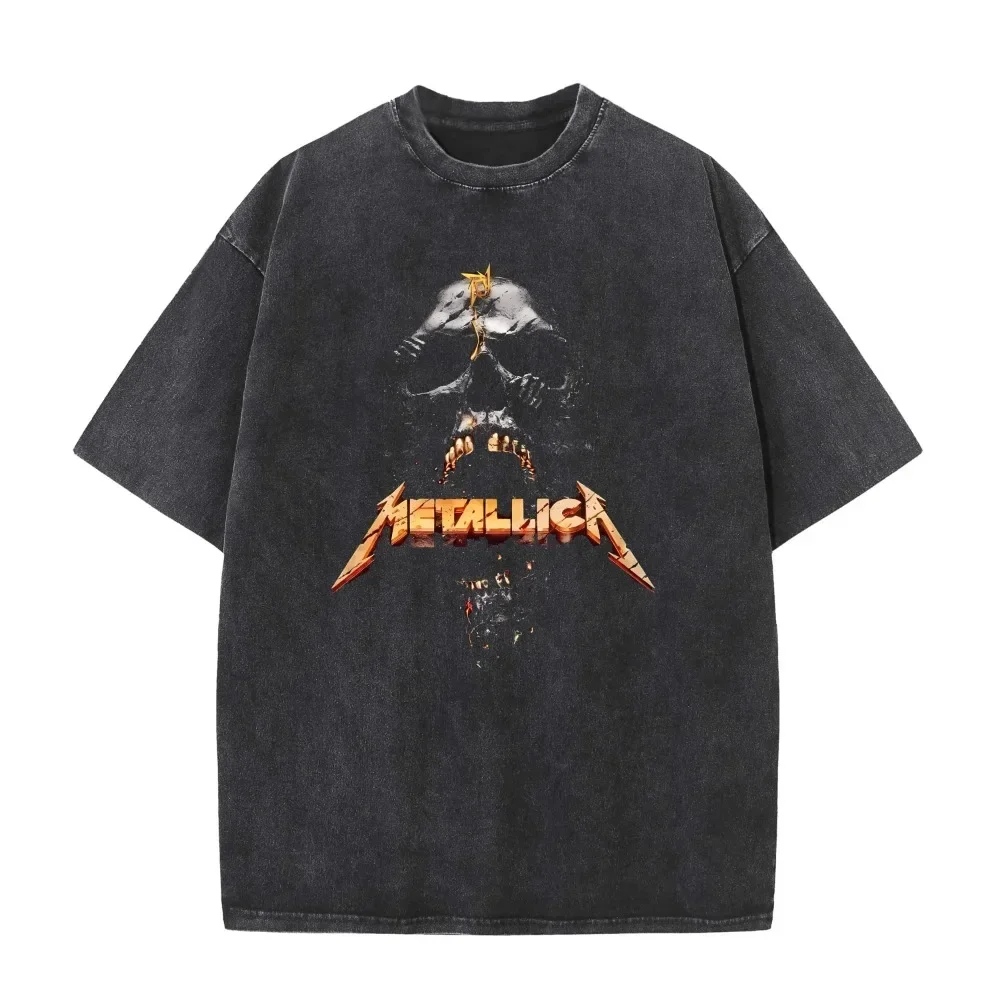 

2025 американская ретро стираная старая тяжелая хлопковая однотонная футболка с короткими рукавами, летняя свободная футболка с приливом, стираная футболка METALLICAT