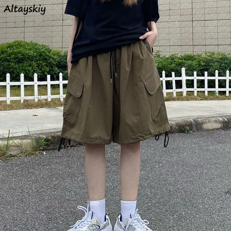 Szeroko nogawkowe szorty kobiety luźne Unisex jednolity wysoki talia, moda uliczna Vintage casualowy szyk styl Safari fajne Ulzzang modne lato шорты
