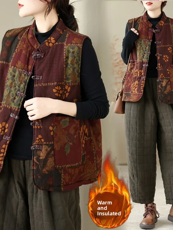 Thickened Cotton Linen Vest Autumn Winter Outerwear Chinese Style Printed Button Warm Artistic Retro Women's Jacket Vest