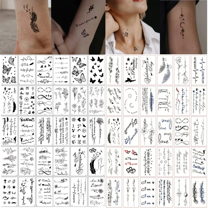 60pcs/set Fake Tatoo Waterproof Letters Butterfly Cross Tiny Tatoos Temporary Waterproof for Women Girls Finger Body Party Decor