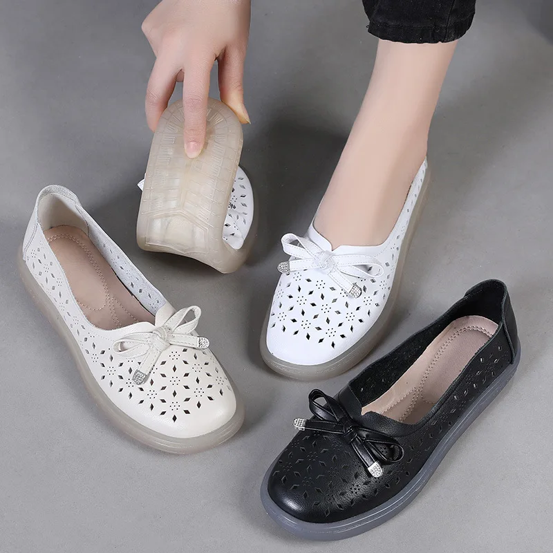 

GKTINOO 2024 Genuine Leather Shoes Hollow Out Women Ballet Flats Summer Women's Solid Soft bottom Shoes Woman Slip On Loafers