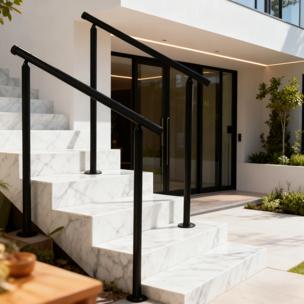 Kit com 2 Corrimãos de Ferro Forjado Preto para Escadas Externas de 2-3 Degraus, Corrimão Pesado para Varanda/Deck com Kit para Degraus de Concreto