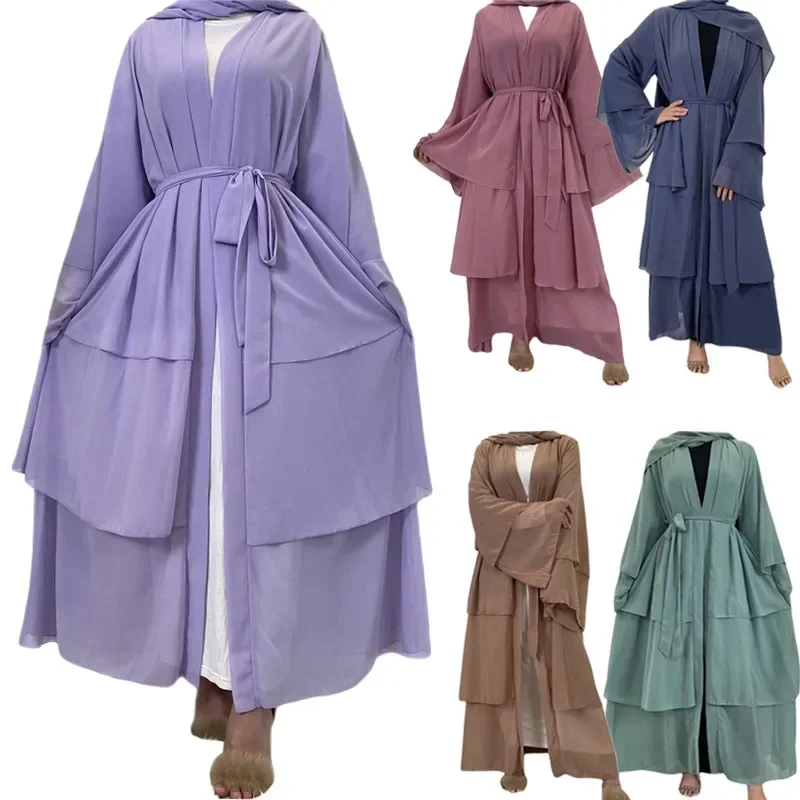 

Eid Mubarak Ramadan 3 Layers Chiffon Kimono Muslim Women Abaya Open Cardigan Maxi Dress Dubai Turkey Islam Robe Jalabiya Arab