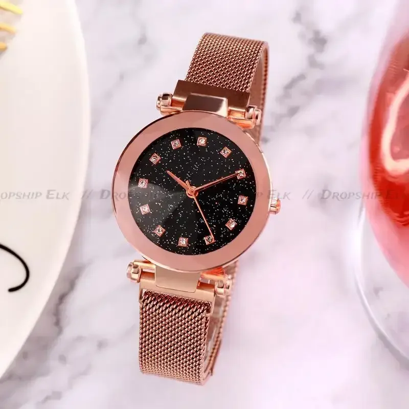 Diamond-Encrusted Milan Simple Strap Magnet Design Pretty Watch Quartz Women's Watch Starry Sky Watch Hot Anniversary Gifts