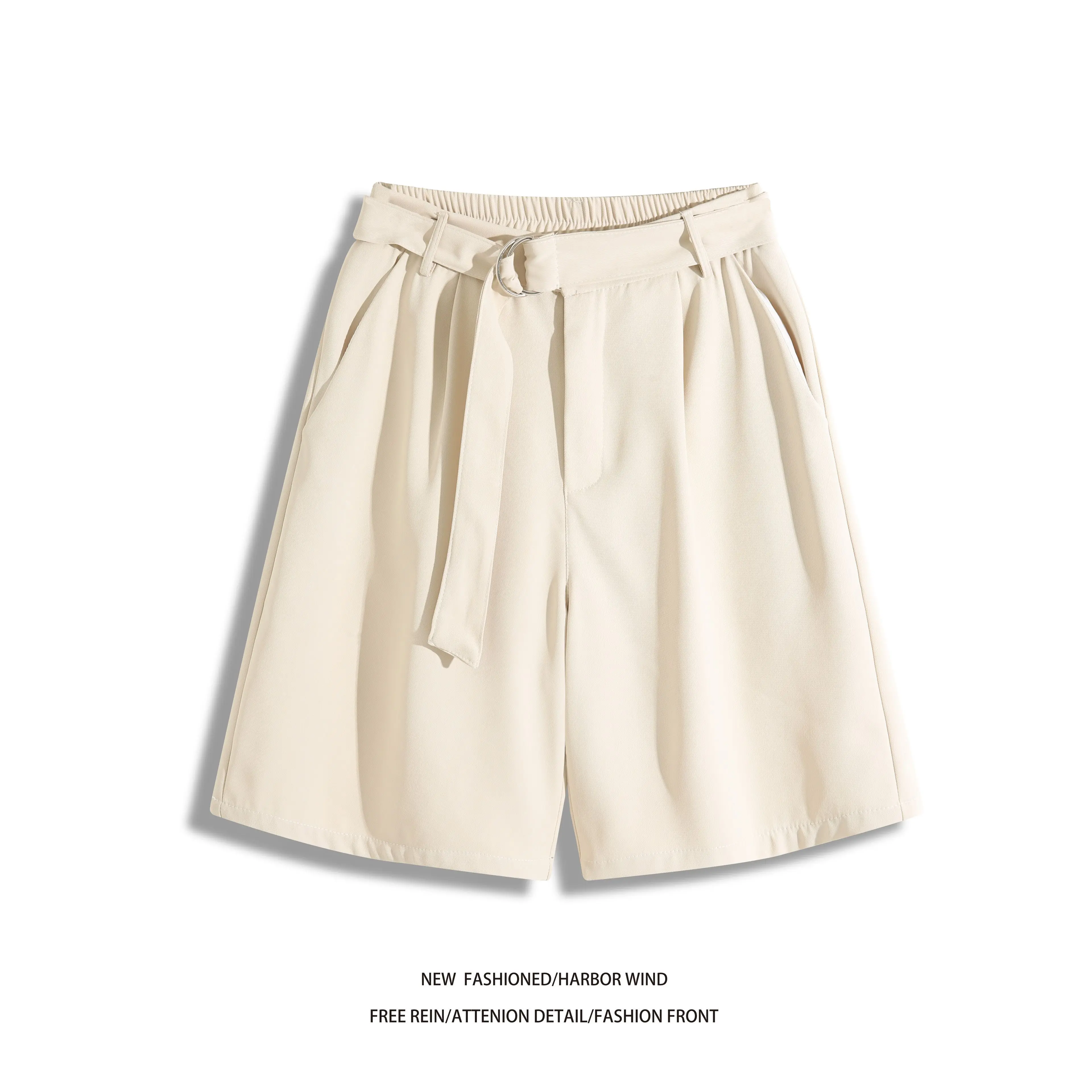 Men's High Waist Knee‑Length Casual Shorts 100% Polyester Fabric With Decorative Belt Loose Wide Leg Summer Business Street Shor