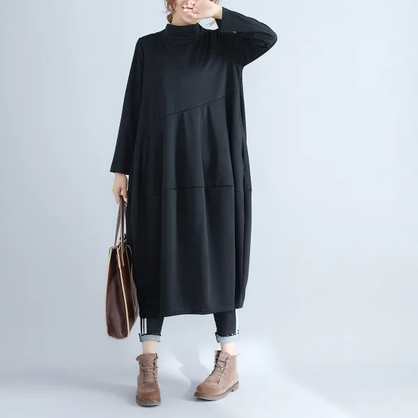 Real Shot Retro Solid Lantern Sleeve Dress High Neck Elegant Long Dress Cotton Linen Patchwork Long Sleeve Dresses