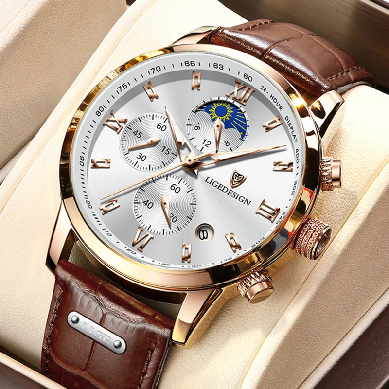 LIGE Men Watch Luxury Leather Waterproof Sport Quartz Wristwatch Chronograph Military Watch for Men Relogio Masculino Men‘s Gift