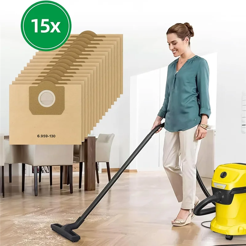 Sacos de aspirador de pó para karcher 6.959-130.0, sacos de filtro de papel para peças de aspirador de pó karcher wd3 1629 mv3 premium 15 pacote