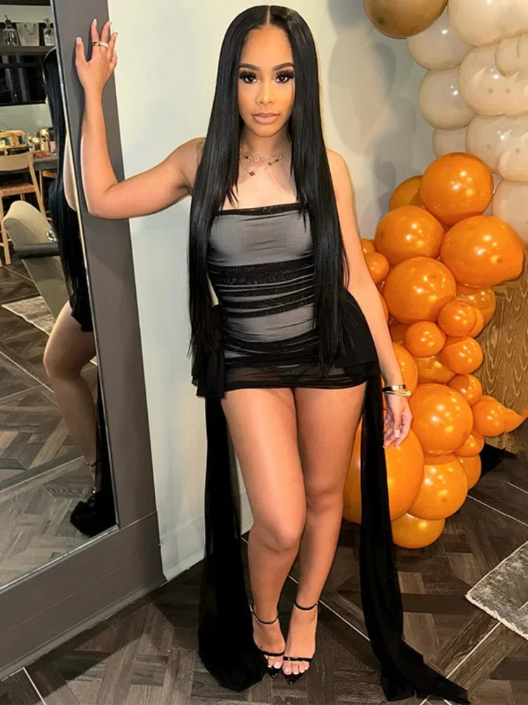 2023 sommer Neue Ärmellose Bh-träger Kurze Frauen Slim Fit Sexy Kleid Mesh Verstärktes Mini Kleid Weibliche Party Abendkleid