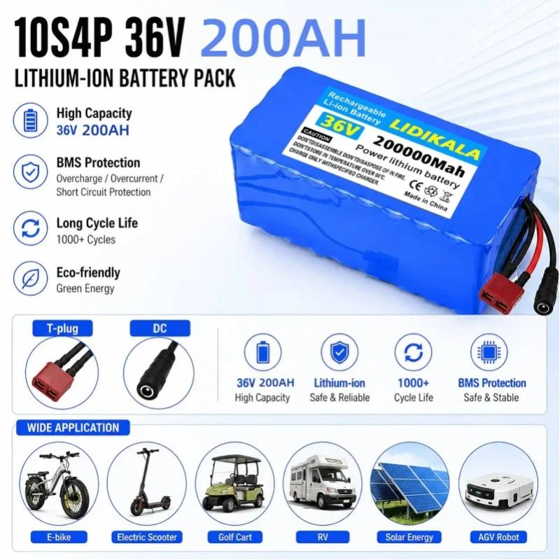 36V 200Ah 200000mAh 10S4P Lithium-Batteriepack mit eingebautem BMS und Ladegerät für E-Bike, Roller, Wohnmobil, Boot, Solaranlage, EU-Steuerbefreiung