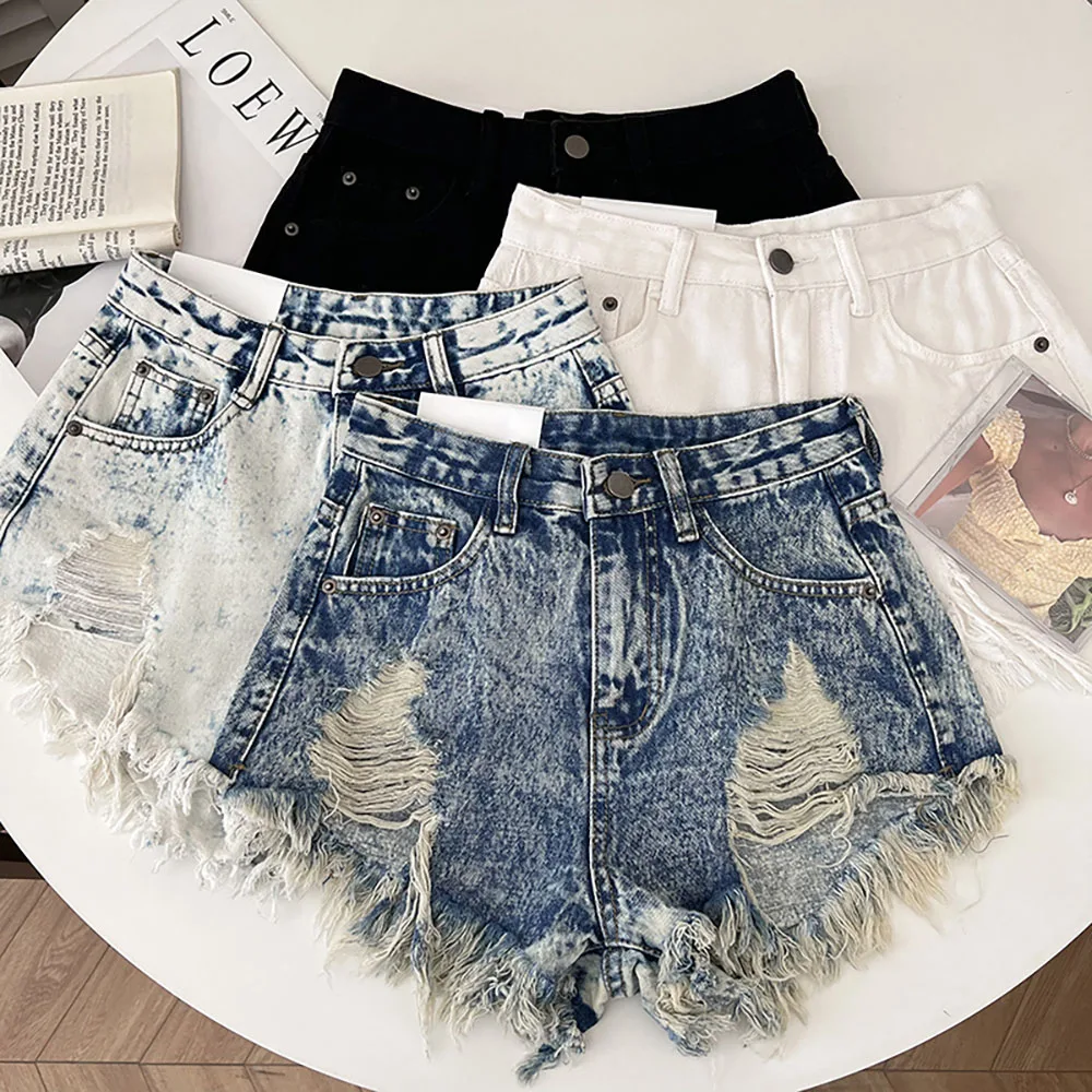 

Women Summer Denim Shorts 2024 New European Style Ripped Holes Tassels Hot Pants Y2K Fashion High Waist Slim A-line Jeans Shorts