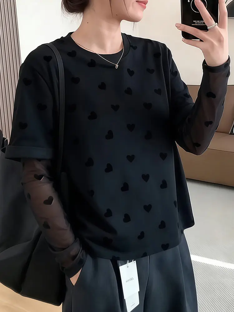 Black Heart Shaped Mesh Splice Loose round Neck T Shirt Women's Summer New Style Casual Breathable Long Sleeve Cover up Top