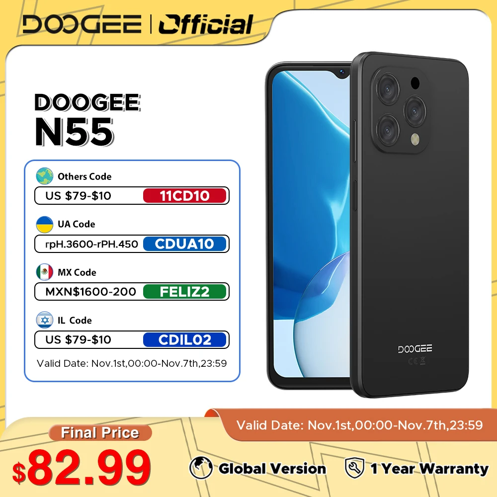 

Global Version DOOGEE N55 Smartphone 6.56" 90Hz Display 9GB+128GB Octa Core 13MP Double Camera Face Unlock 5150mAh Android 14