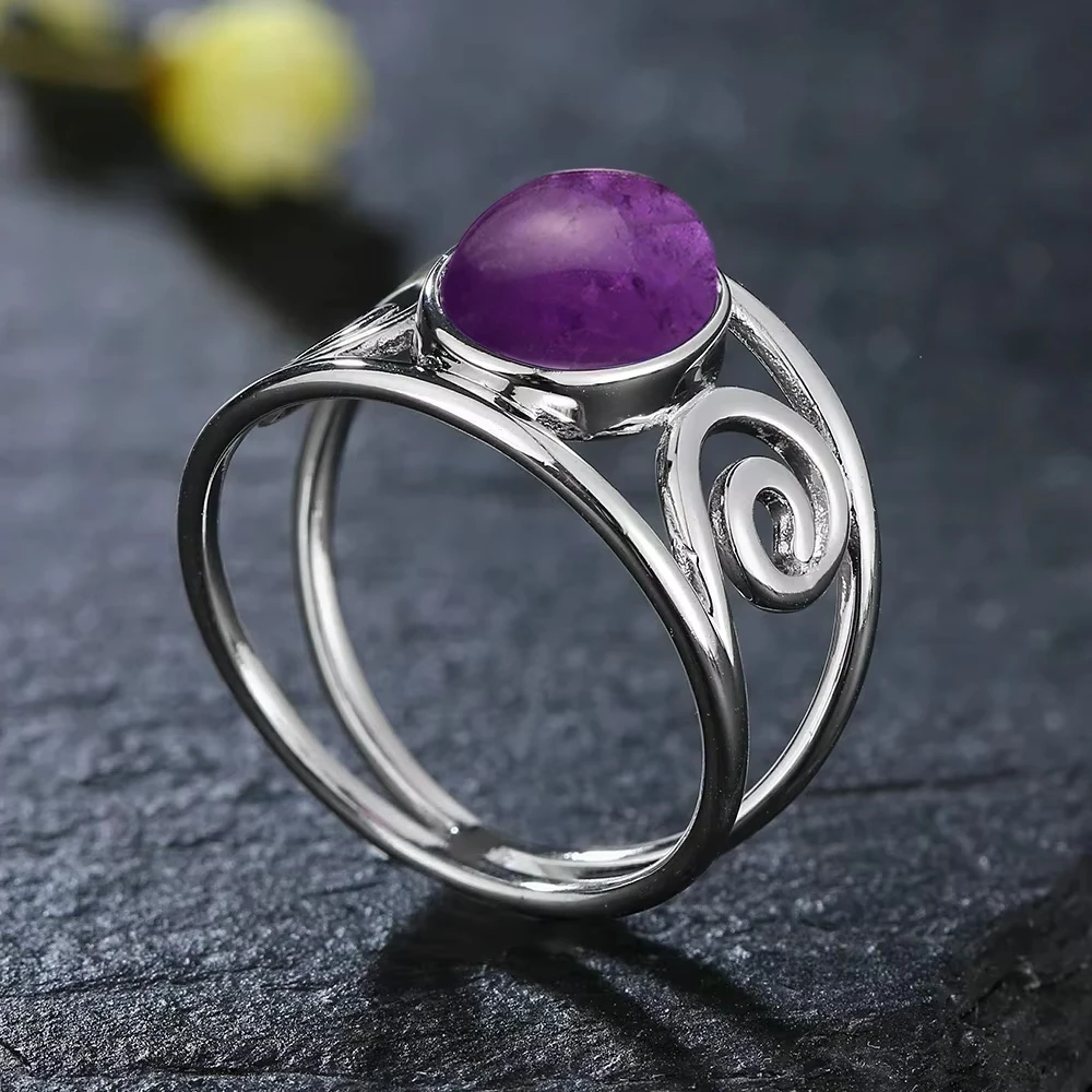 S925 Silver Natural Amethyst Rings 8*10MM Natural Gemstone Retro Silver Oval Shape Ring Fine Jewelry Gifts For Women