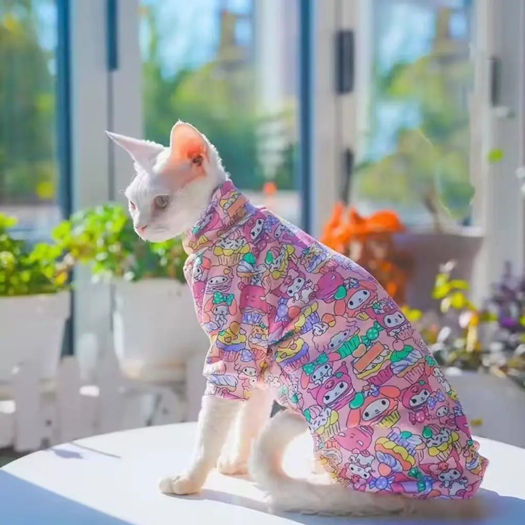 

My Melody Sphynx Cat Clothes, Breathable Cotton Four Leg Summer T-Shirt for Hairless Cats, Cute Printed Pet Shirt