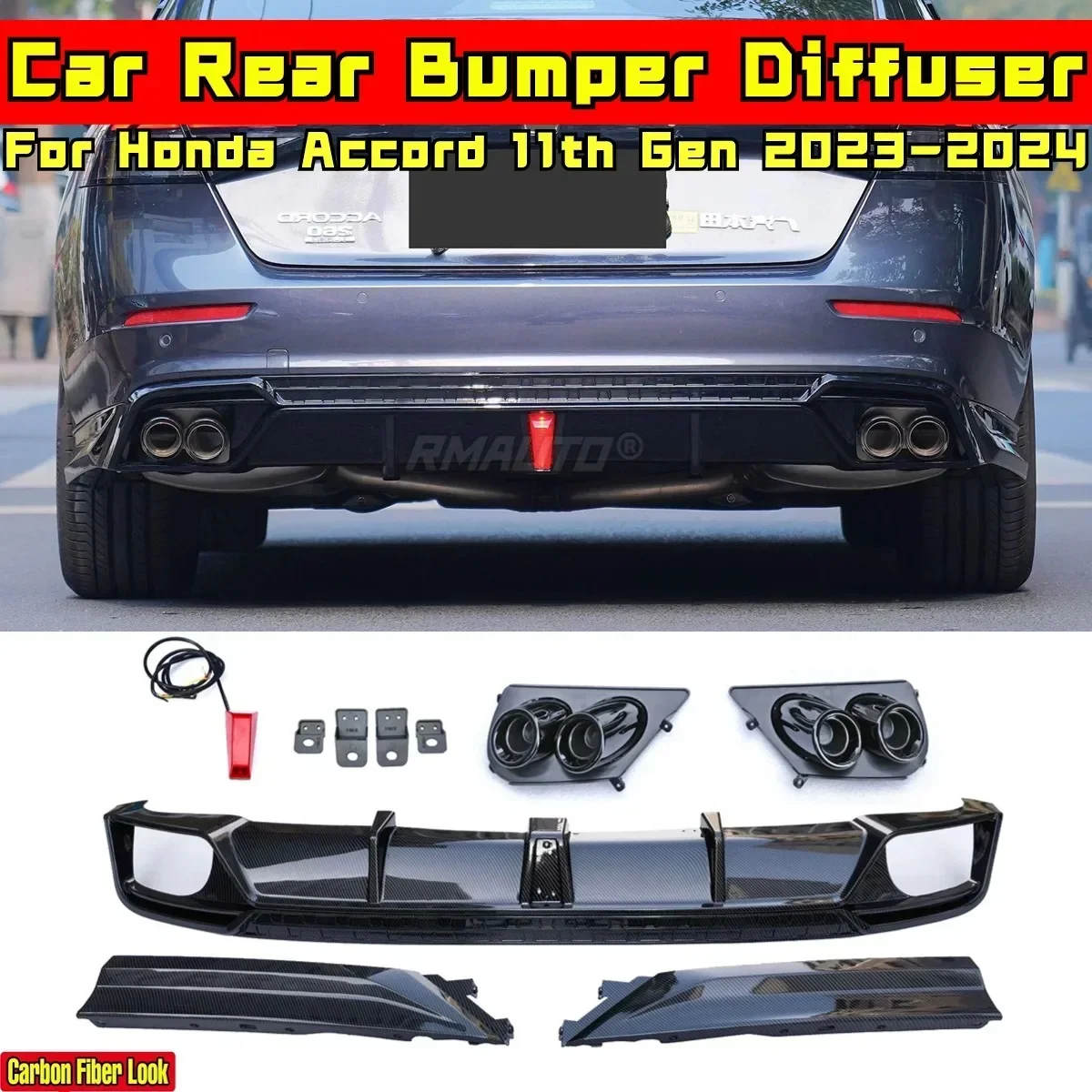 For Honda Accord 11th Gen 2023-2024 Body Kit Rear Bumper Splitter Carbon Fiber Look Sport Style Rear Bumper Lip Car Accessories