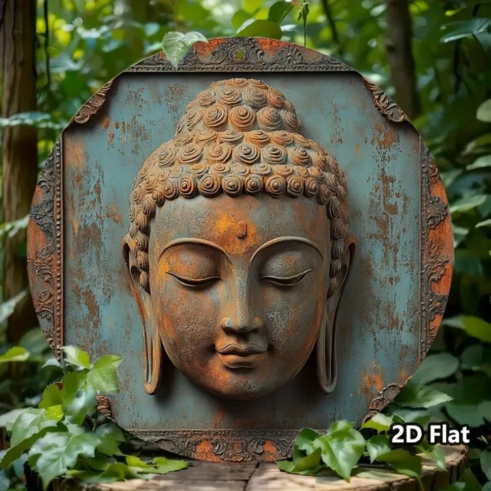 Retro Rustic Buddha Head HD Metal Tin Sign - Zen Meditation Wall Art with Antique Patina Finish, Vintage Buddhist Temple Decor f