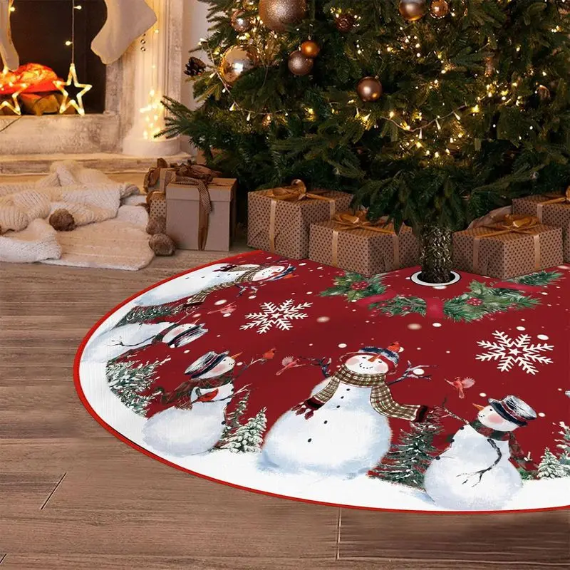 VIKAMA Red Christmas Tree Skirt Cartoon Santa Snowman Elf Tree Snowflake Washable Base Cover Christmas Holiday Decor