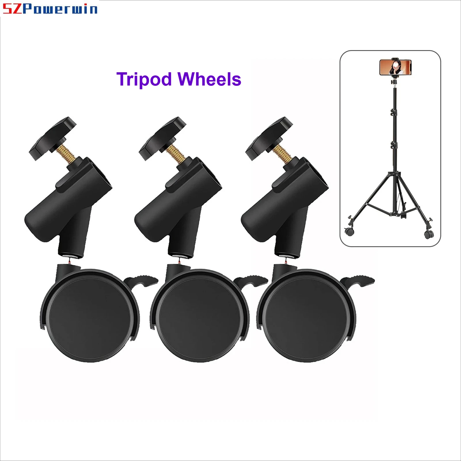 SZPowerwin Flexible Casters Wheels with 16mm Diameter Mounting Holes  for Photography Light Stand Tripod Wheels 3pcs/set