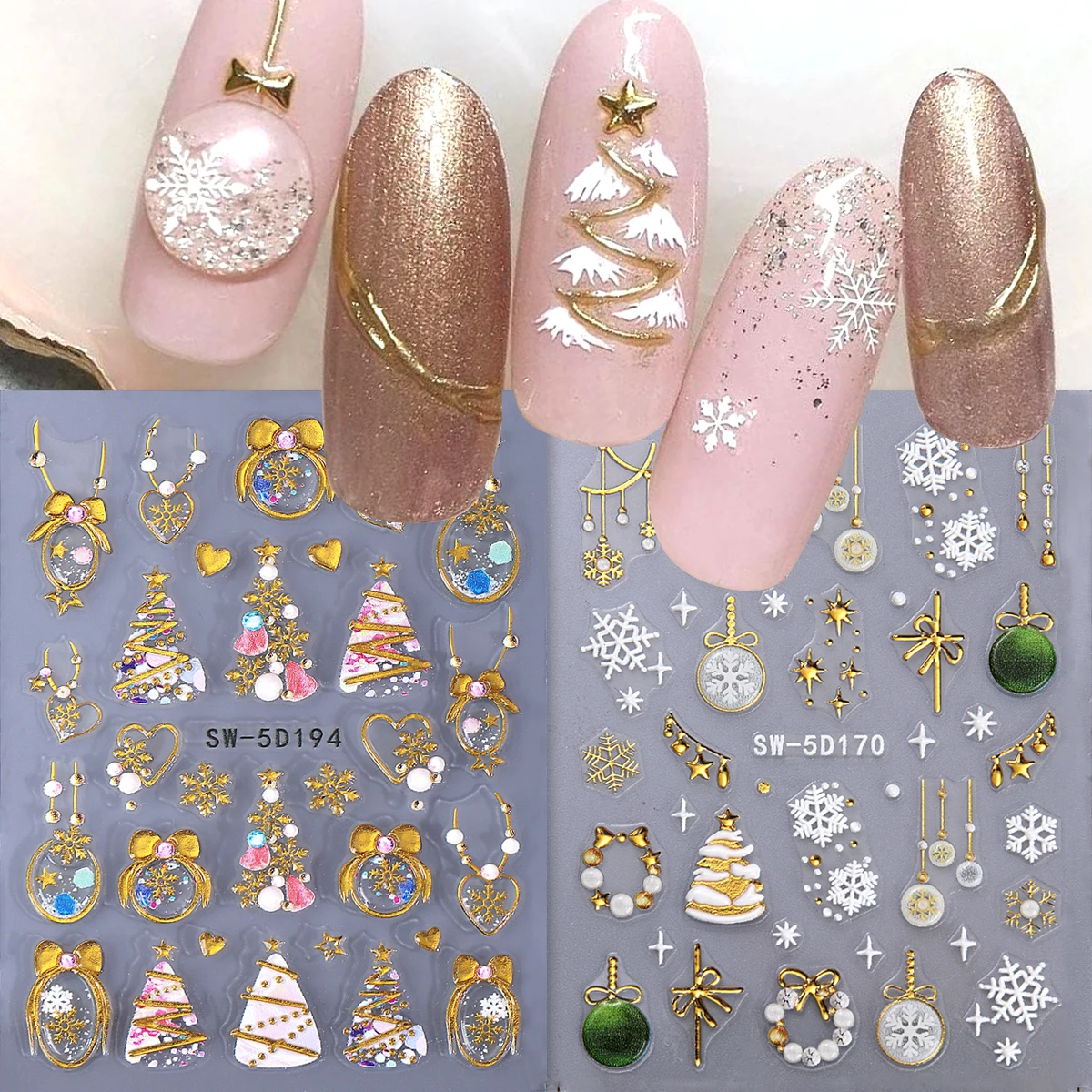 2 Stück Weihnachten Kristallkugel Nagel geprägt Aufkleber wunderschöne Gold Weihnachtsbaum Schneeflocken Girlande selbstklebende Aufkleber Winter Maniküre Tipps