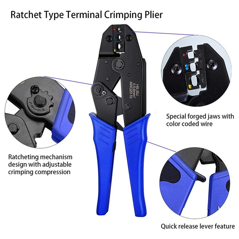 Alicates de prensado de alambre de trinquete multifuncionales HS-30J con 700 piezas de terminales, juego de alicates de prensado en frío, duraderos, azules y negros