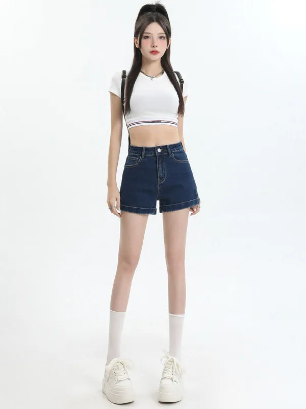 

High Waist Slim Fit Distressed Denim Shorts Women's Summer Fashion High Elasticity Cotton Polyester Blend Wear Resistant Shorts