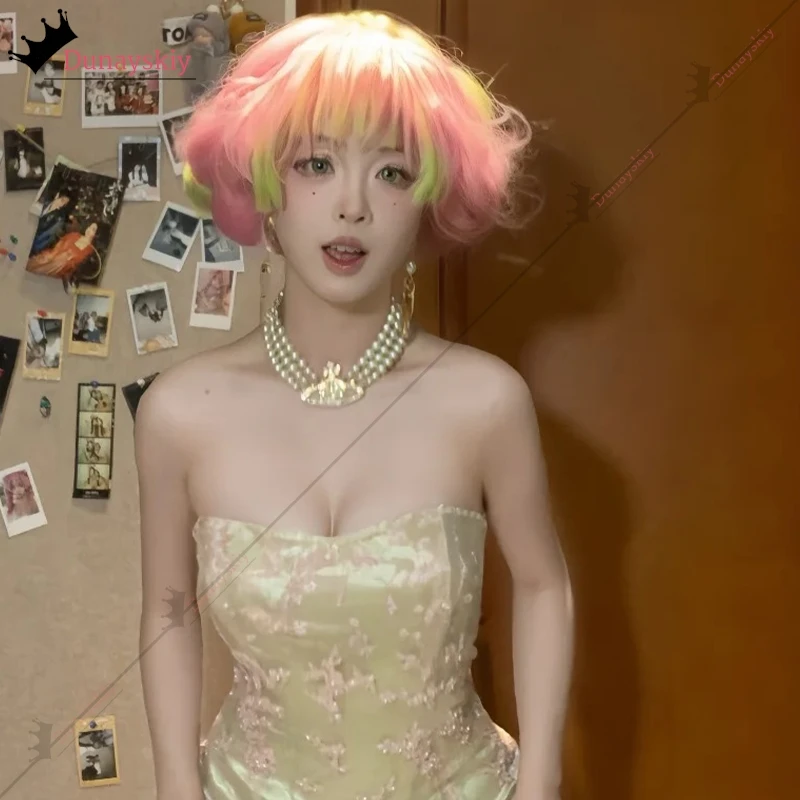 アニメ甘露寺蜜里コスプレ衣装ウィッグふわふわピンクグリーングラデーションウィッグ蜜里性別移行ロング/ショートウィッグロールプレイング