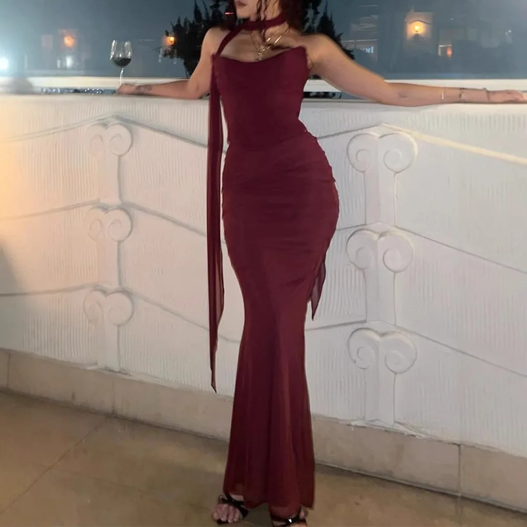 الملابس النسائية فستان مثير هيكل السمكة صديرية دائرية ضيق الورك المعانقة تنورة طويلة الدعاوى قطعتين مجموعة الراقية وشاح مثير #4