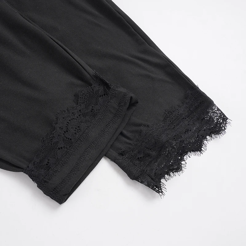 SUCHCUTE Schwarze knielange Skinny-Hose für Damen, elastische Taille, Spitzen-Strickhose, Y2k Streetwear, lässige Hose, Grunge Fairycore – Detail 11