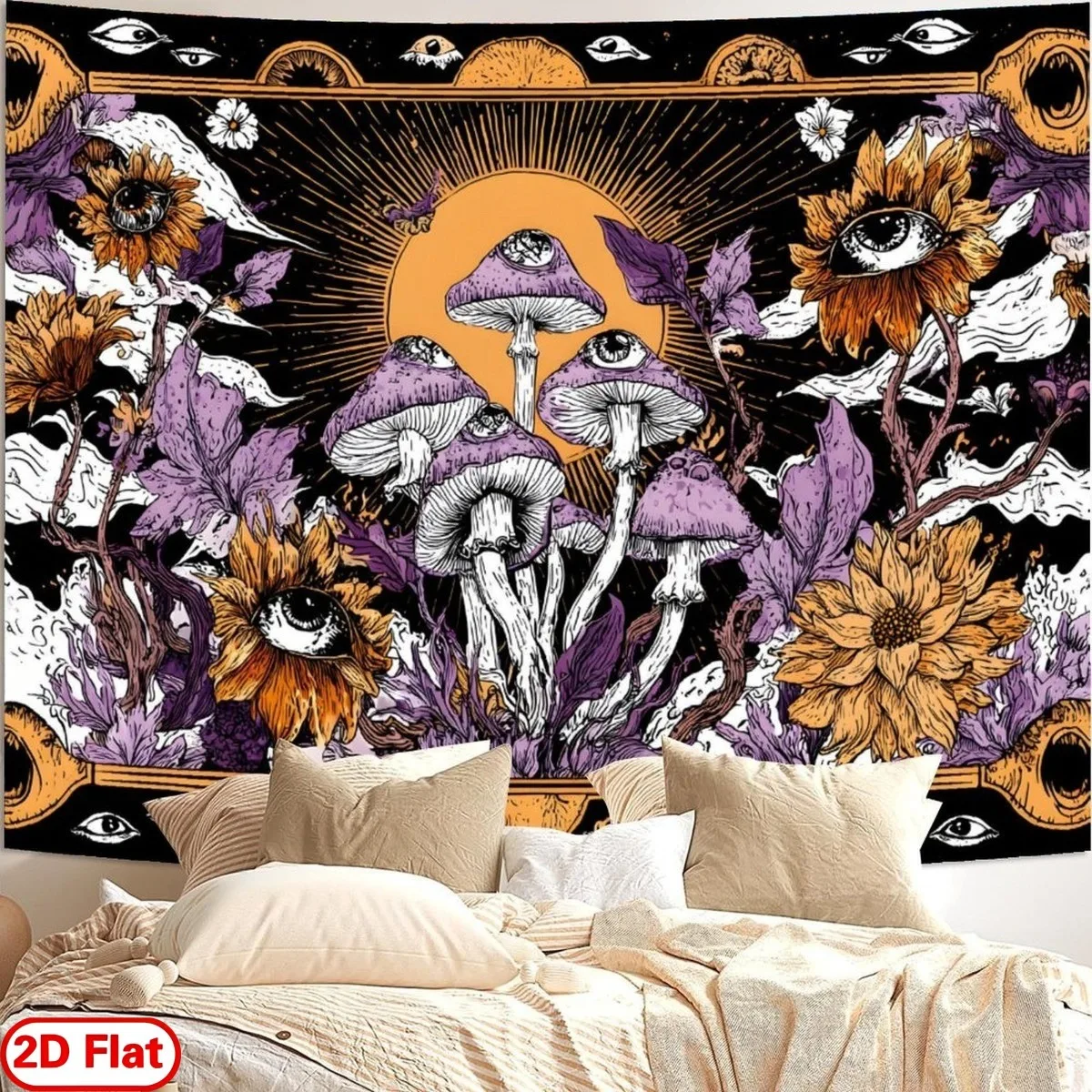 Mystic Mushroom Tapestry, Trippy Purple Mushroom Sunflower All Seeing Eye Print Wall Hanging Bedroom Living Room Dorm Home Decor