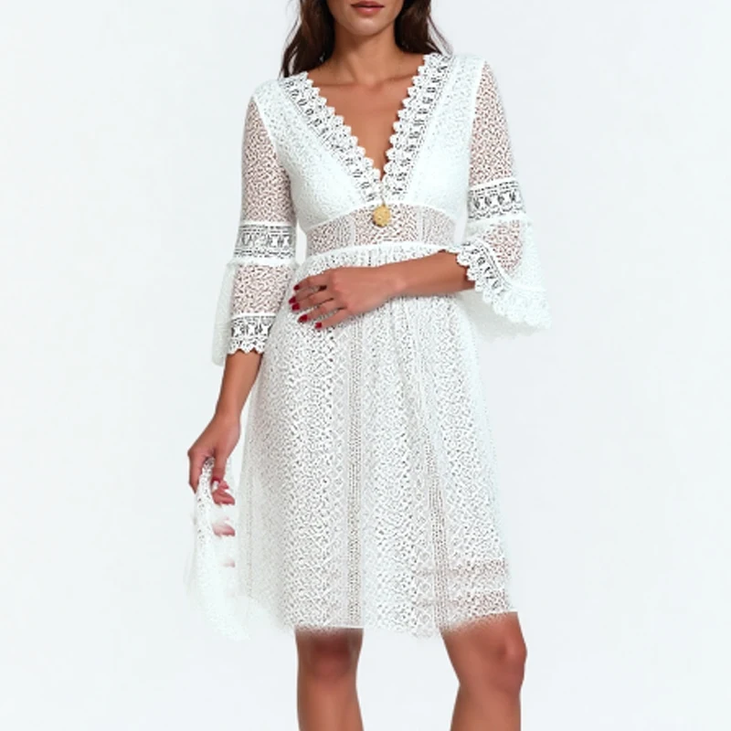 2025 plage Style taille haute blanc femmes robes élégant manches évasées robes été décontracté col en v évider robe en dentelle 28307