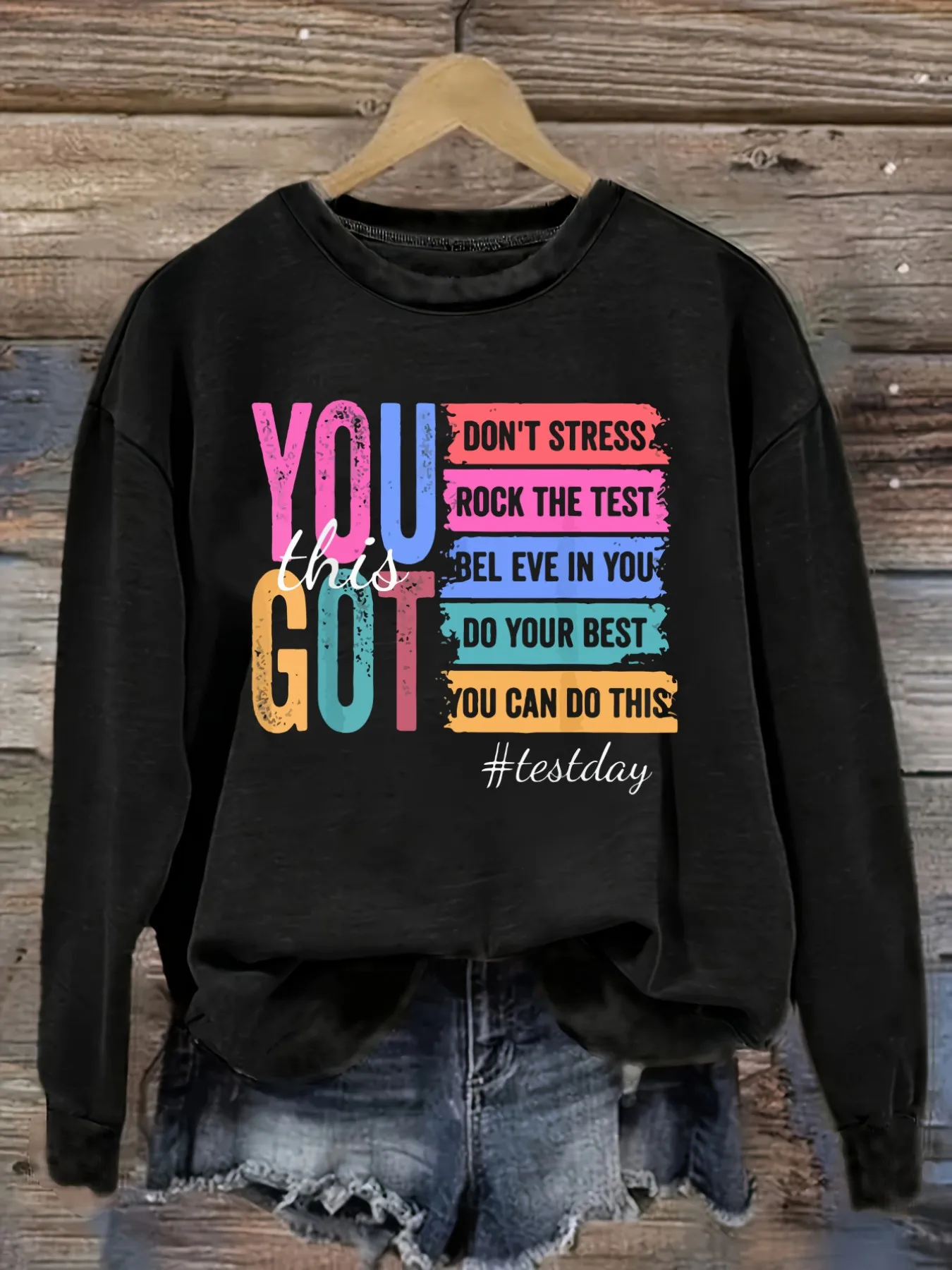Women's Casual Long Sleeve Crew Neck T-Shirt You Got This Motivational Quote Print Design, Round Neck Women's Clothing, Machine Washable, Slightly Elastic, Loose Fit, Spring Autumn Winter Women's T-Shirt, Halloween Costume Outfit