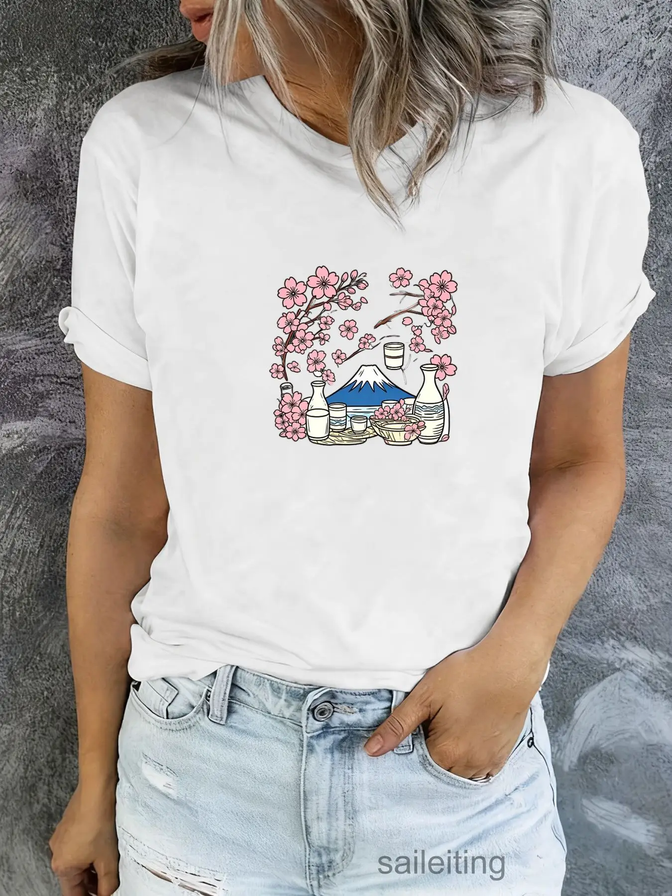 Japanese Mount Fuji Cherry Blossom T-Shirt - Vintage Sakura Graphic Tee, Short Sleeve Casual Top for Men Women, Summer Breath