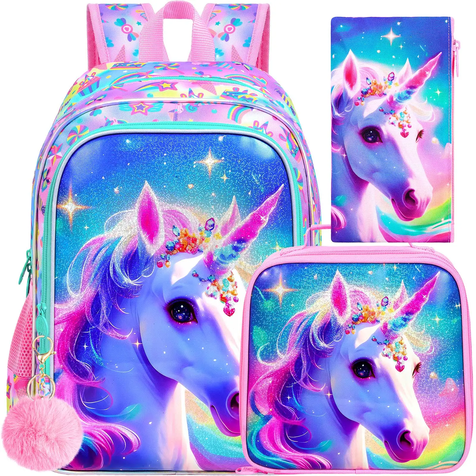 

3PCS Girls Unicorn Backpack, 16" Kids Bookbag with Lunch Box, Water Resistant Elementary School Bag for Preschool Toddler