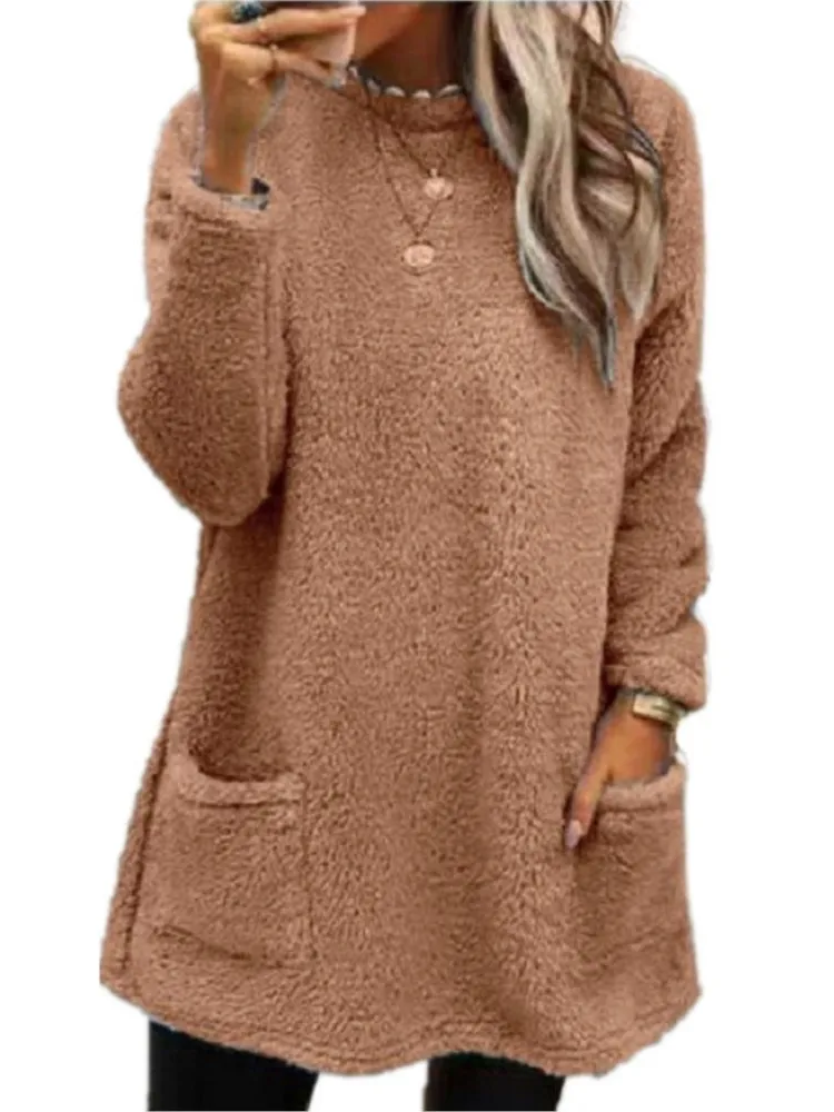 

Autumn And Winter Women's New Long Sleeve Pullover 2024 Splicing Pocket Fashion Solid Casual Loose Plush Sweatshirt Dress