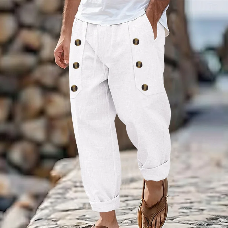2024 Casual Weiyi Beach Men's Trousers Spring and Autumn Leisure Multi-Button Comfortable Cotton and Linen Loose Trousers