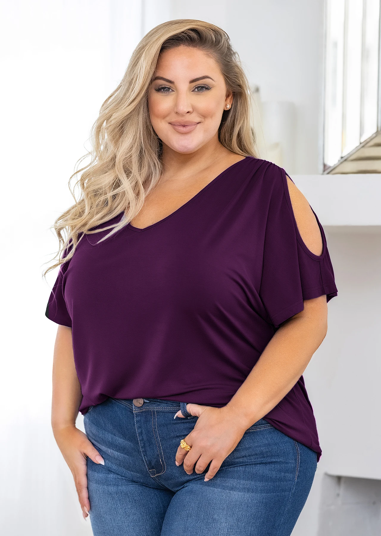 

SHOWMALL Women's Plus Size Summer Tops Short Sleeve Clothes Cold Shoulder Blouse V Neck Tunic Shirts L-4X