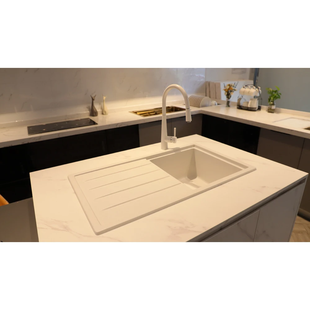 Single Bowl Quartz Stone White Above Counter Kitchen Sink Solid Surface With Drainboard One-Hole Design Without Faucet