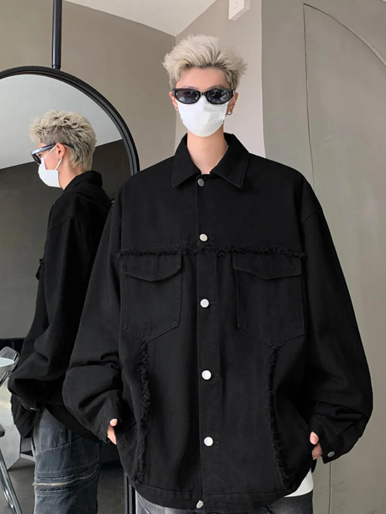 

Retro American Sle Men's Denim Jaet Spring Autumn Flip Collar Frayed Design Casual Workwear Jaet Youthful Energy