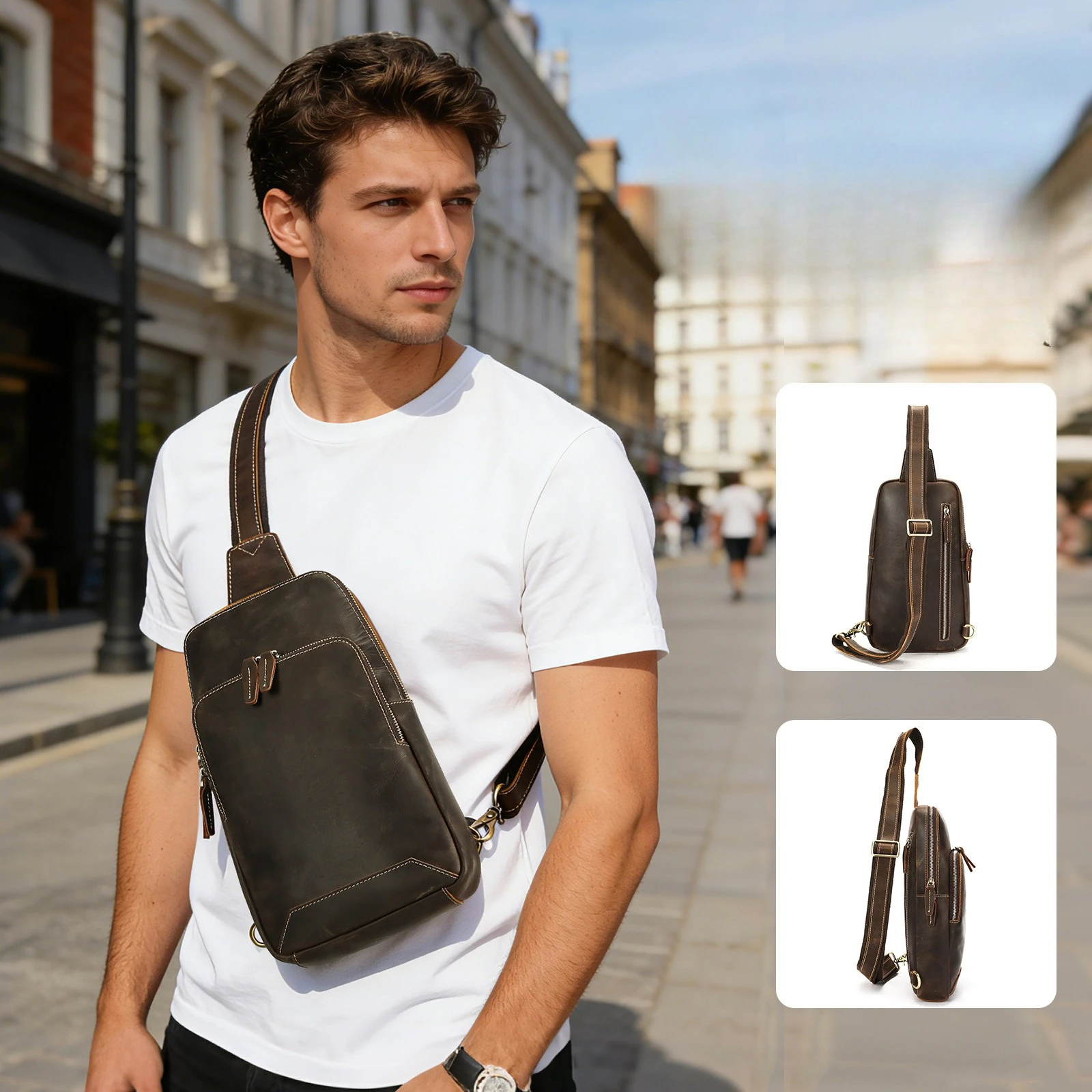 

Vintage Crazy Horse Leather Men Chest Bag - Genuine Cowhide Crossbody Shoulder Bag for Outdoor Travel & Hiking