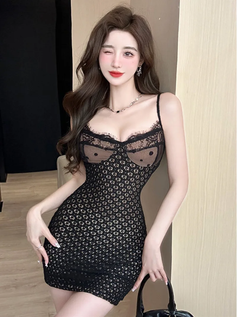 

WOMENGAGA Mesh Lace Dot Sheer Mini Dress 2023 American Spicy Girls Sexy Lace Strap Dress Elegant Women's Short Tops Sexy B8WW